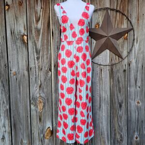 Rose Print Jumpsuit Shinesty Size S Blue Stripe Pink Crop Sleeveless Wide Leg